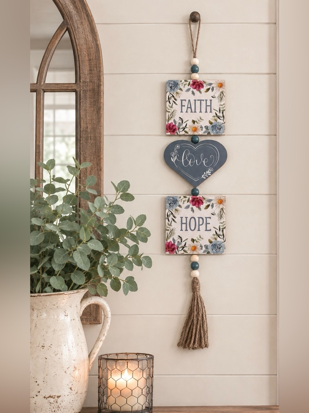 Faith Love Hope Farmhouse Boho Tassel Floral Beaded Wall Decor